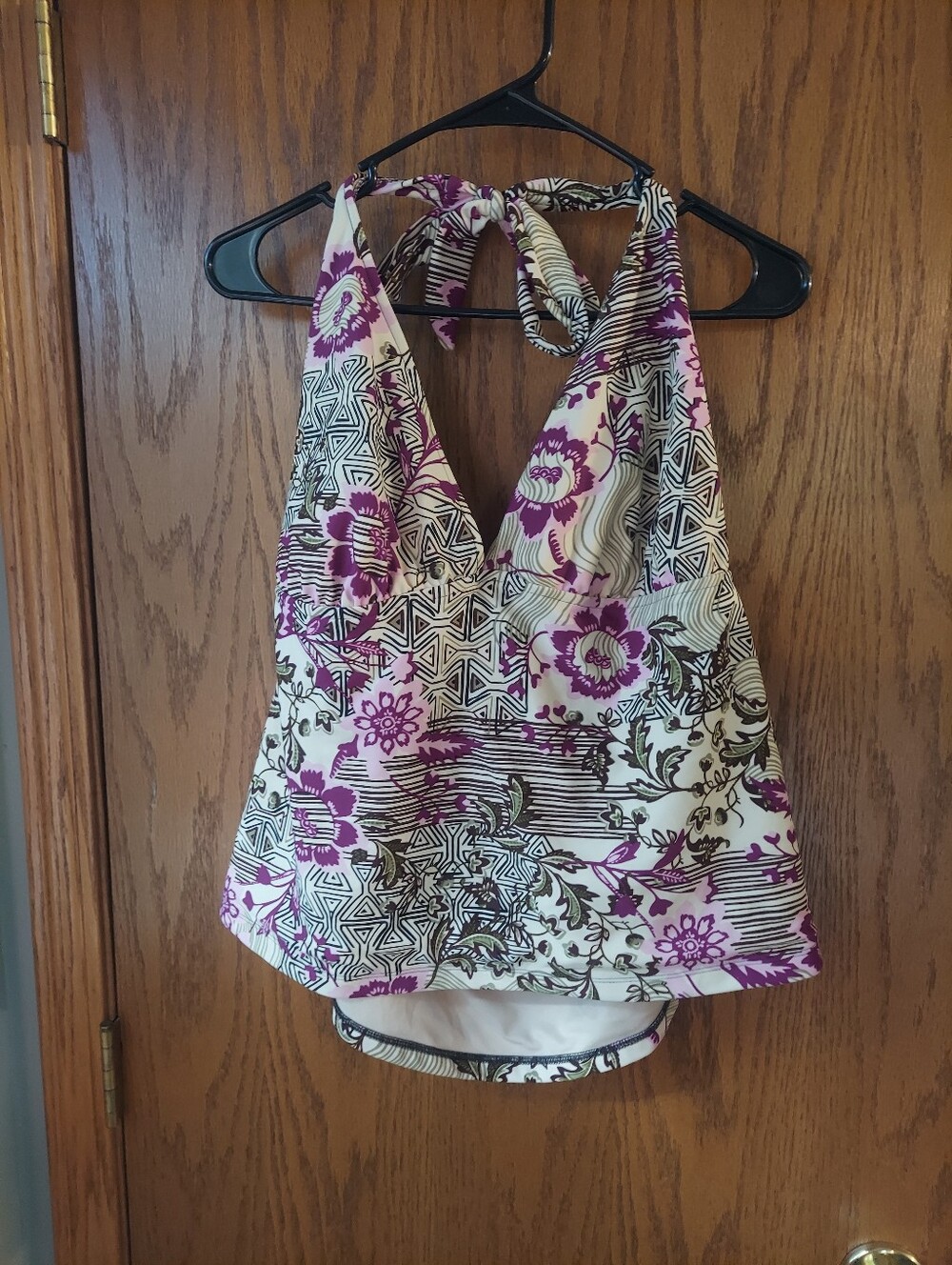 Catalina Plus Size 3X Halter Tankini Swimsuit Top Floral Geometric Ivory Pink